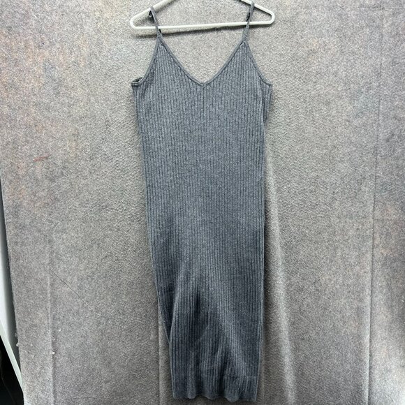 7 For All Mankind Dress Women Large Gray Ribbed Knit Bodycon Midi Slip V-Neck - Picture 1 of 9